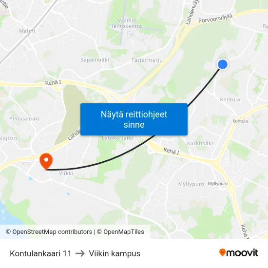 Kontulankaari 11 to Viikin kampus map