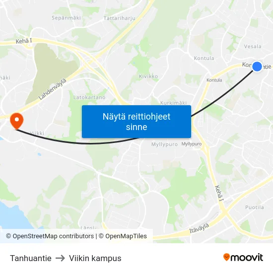 Tanhuantie to Viikin kampus map