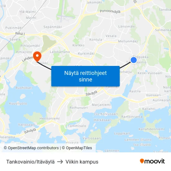 Tankovainio/Itäväylä to Viikin kampus map