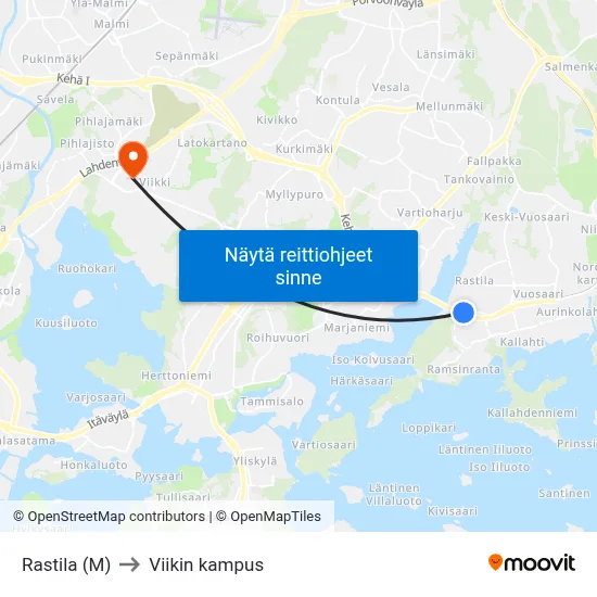Rastila (M) to Viikin kampus map