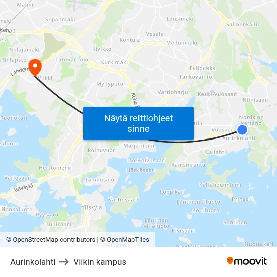 Aurinkolahti to Viikin kampus map