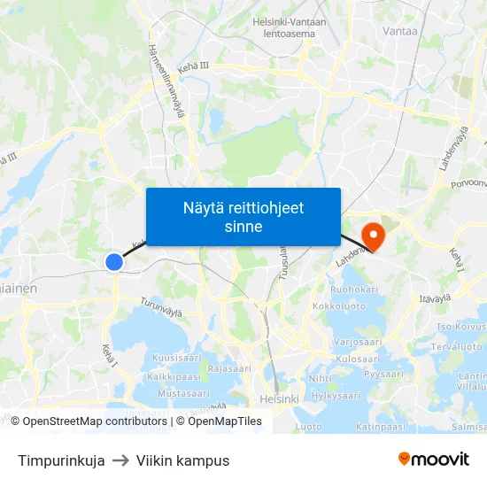 Timpurinkuja to Viikin kampus map