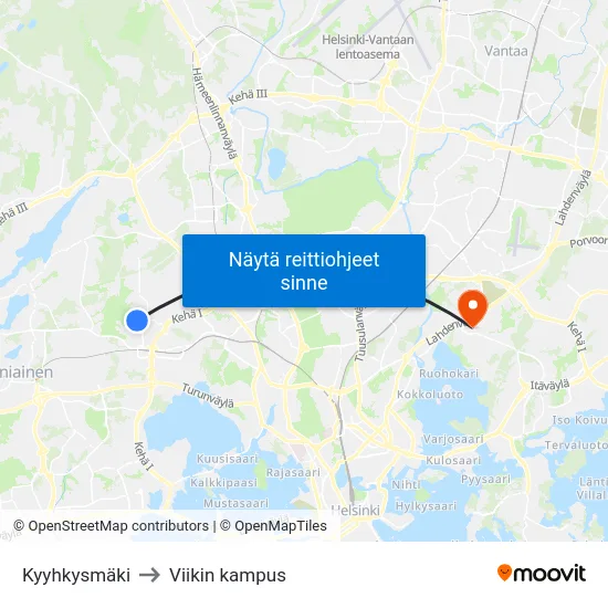 Kyyhkysmäki to Viikin kampus map