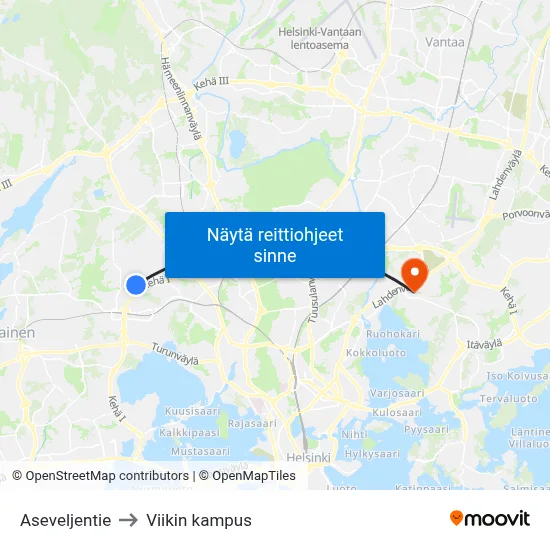 Aseveljentie to Viikin kampus map