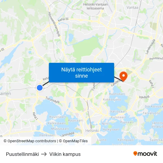 Puustellinmäki to Viikin kampus map