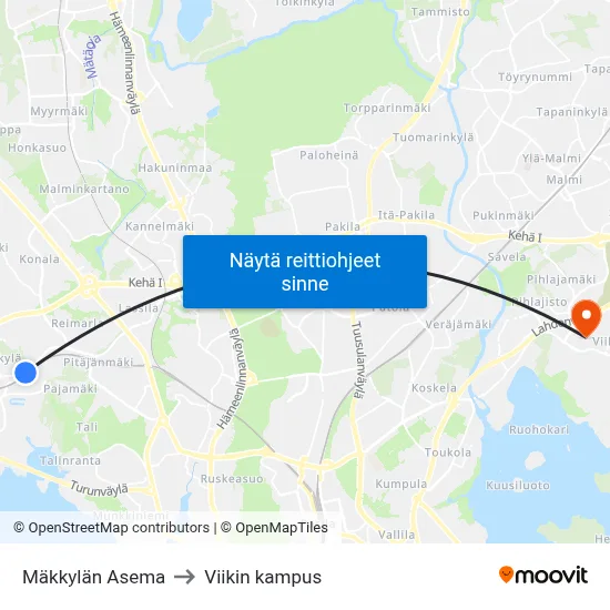 Mäkkylän Asema to Viikin kampus map