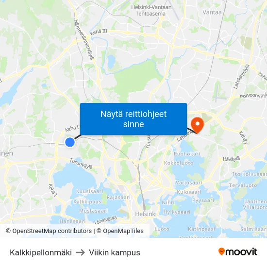 Kalkkipellonmäki to Viikin kampus map