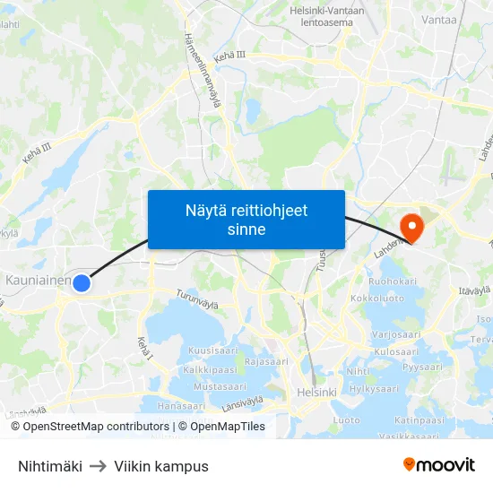 Nihtimäki to Viikin kampus map