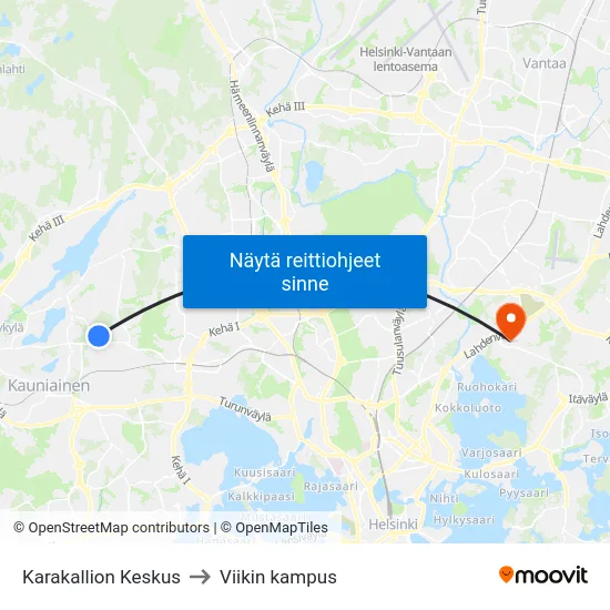 Karakallion Keskus to Viikin kampus map