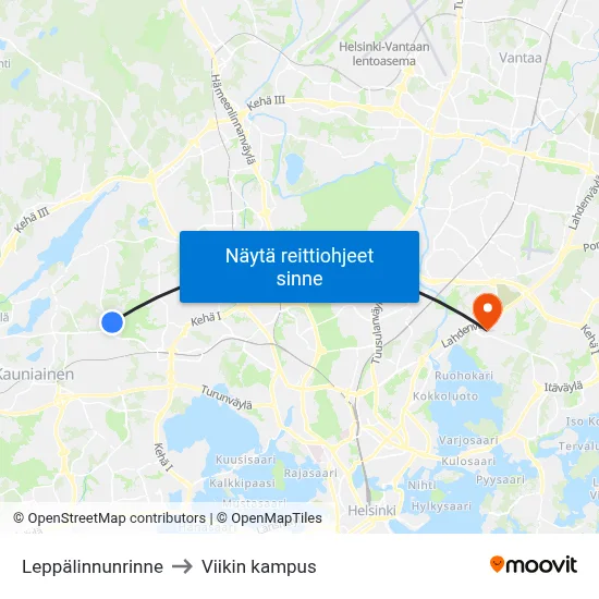 Leppälinnunrinne to Viikin kampus map