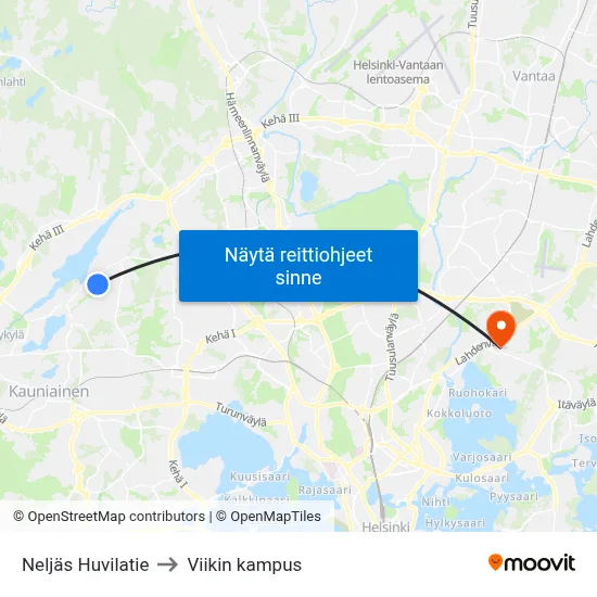 Neljäs Huvilatie to Viikin kampus map