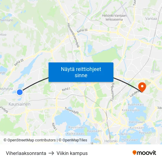 Viherlaaksonranta to Viikin kampus map