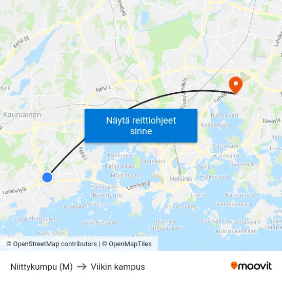 Niittykumpu (M) to Viikin kampus map