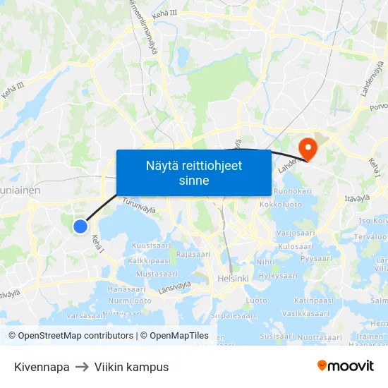 Kivennapa to Viikin kampus map