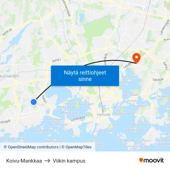 Koivu-Mankkaa to Viikin kampus map