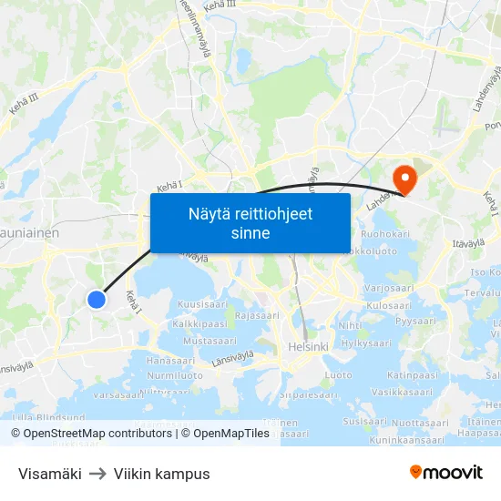 Visamäki to Viikin kampus map