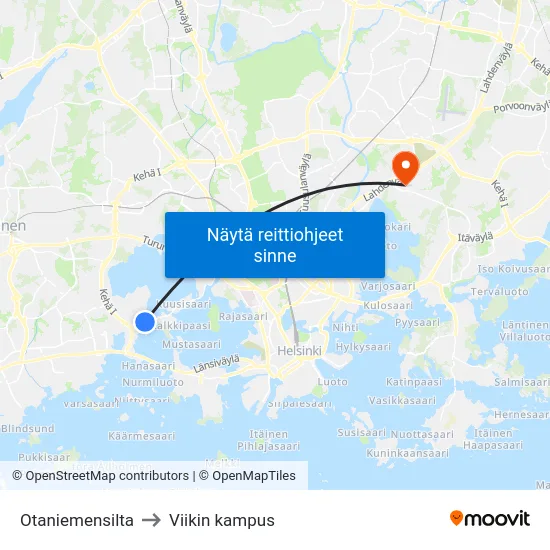 Otaniemensilta to Viikin kampus map