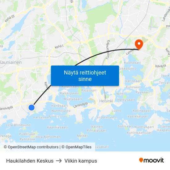 Haukilahden Keskus to Viikin kampus map