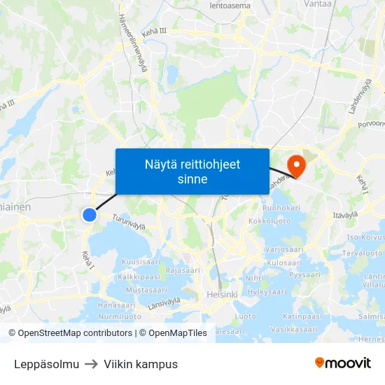 Leppäsolmu to Viikin kampus map