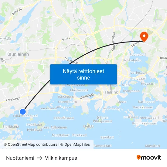 Nuottaniemi to Viikin kampus map