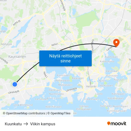 Kuunkatu to Viikin kampus map