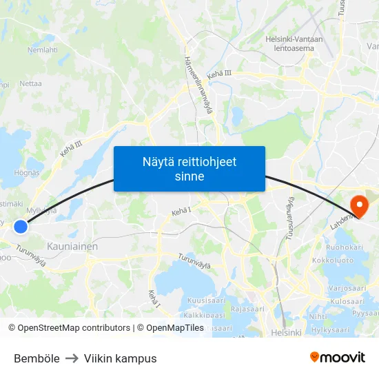Bemböle to Viikin kampus map