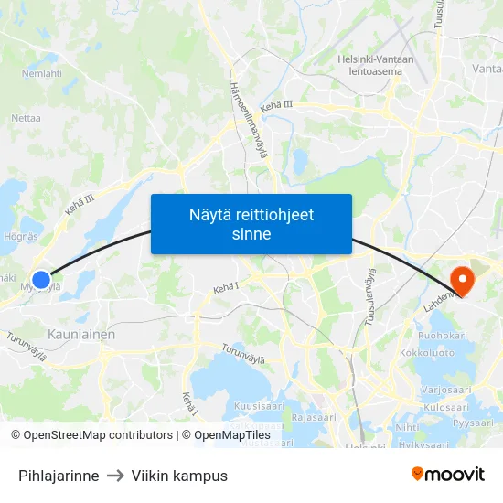 Pihlajarinne to Viikin kampus map
