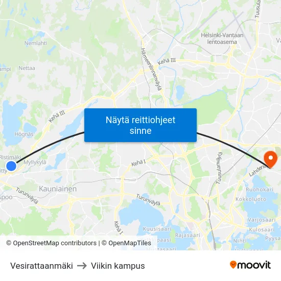 Vesirattaanmäki to Viikin kampus map