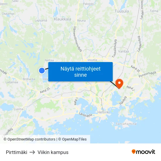 Pirttimäki to Viikin kampus map