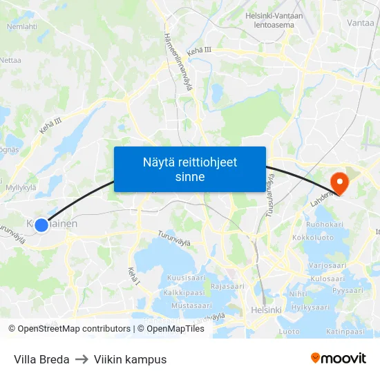 Villa Breda to Viikin kampus map