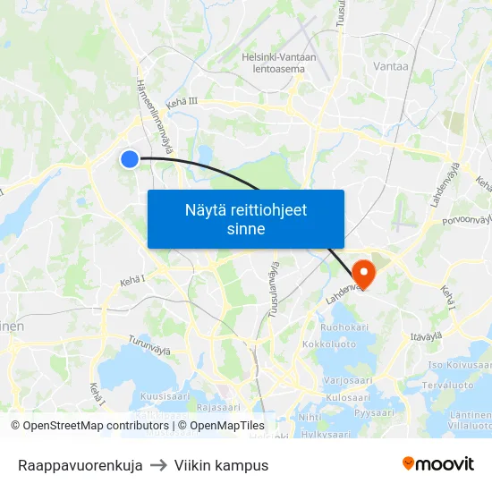 Raappavuorenkuja to Viikin kampus map
