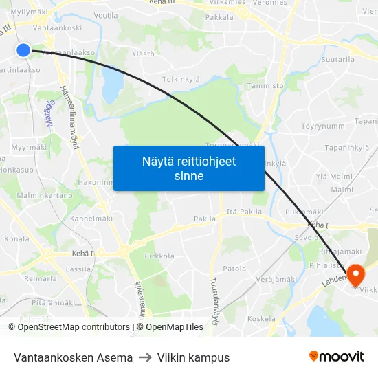 Vantaankosken Asema to Viikin kampus map