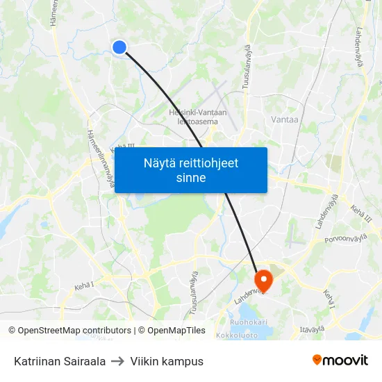 Katriinan Sairaala to Viikin kampus map