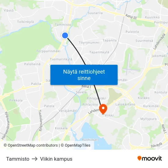 Tammisto to Viikin kampus map