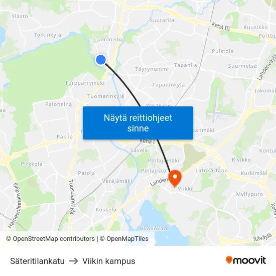 Säteritilankatu to Viikin kampus map