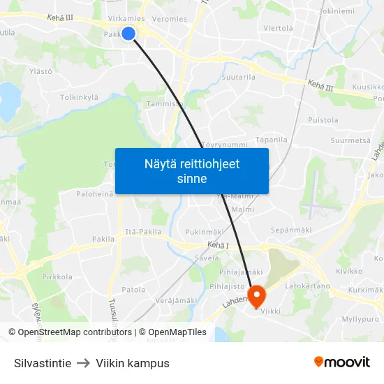 Silvastintie to Viikin kampus map
