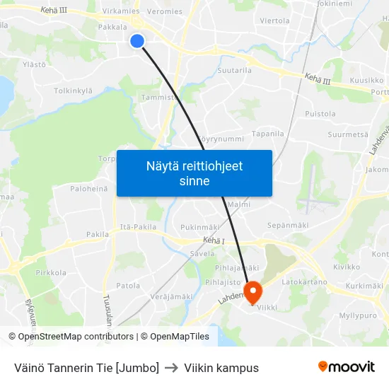 Väinö Tannerin Tie [Jumbo] to Viikin kampus map