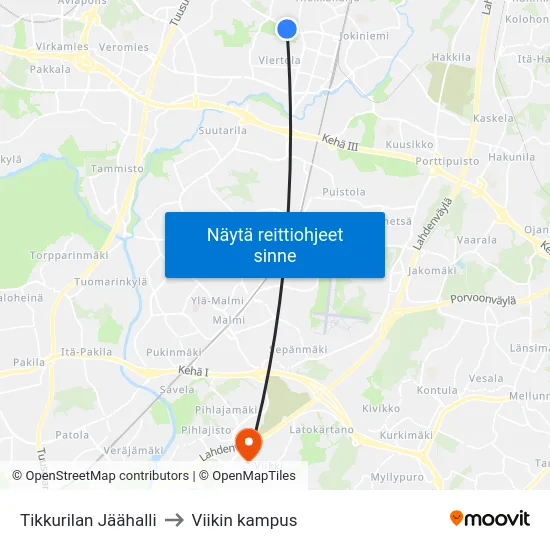 Tikkurilan Jäähalli to Viikin kampus map