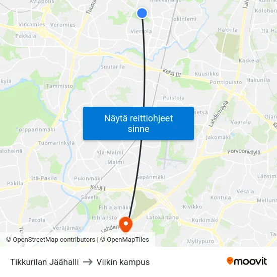 Tikkurilan Jäähalli to Viikin kampus map