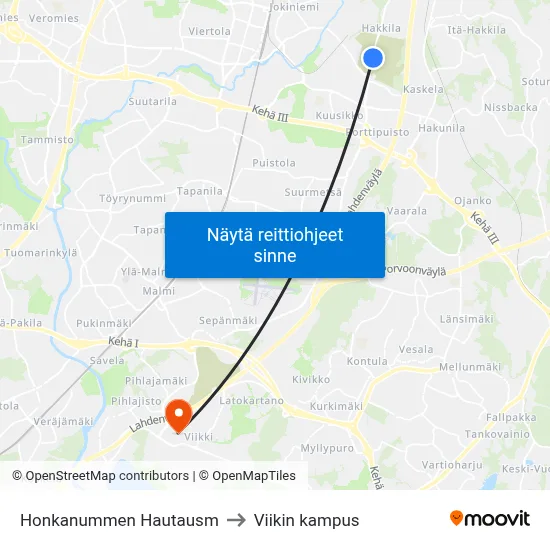 Honkanummen Hautausm to Viikin kampus map