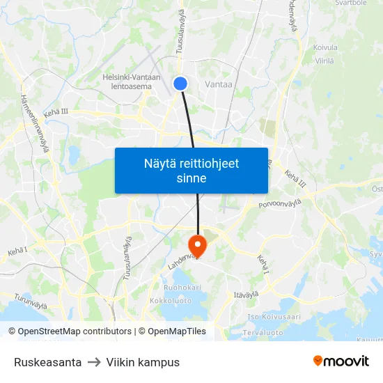 Ruskeasanta to Viikin kampus map