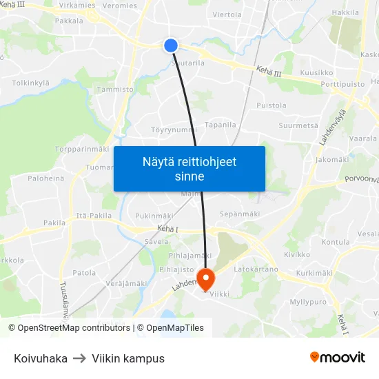 Koivuhaka to Viikin kampus map