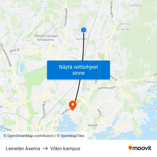 Leinelän Asema to Viikin kampus map