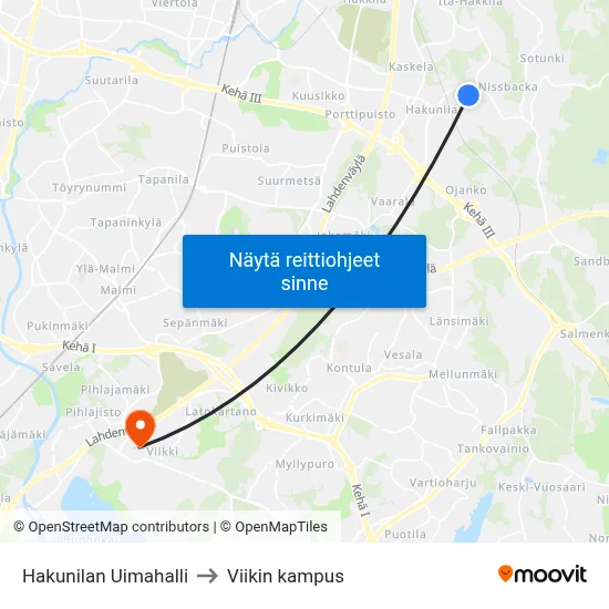 Hakunilan Uimahalli to Viikin kampus map