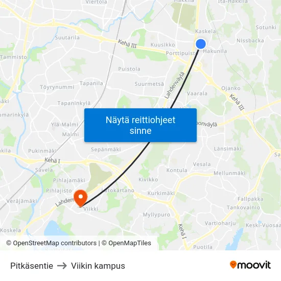 Pitkäsentie to Viikin kampus map
