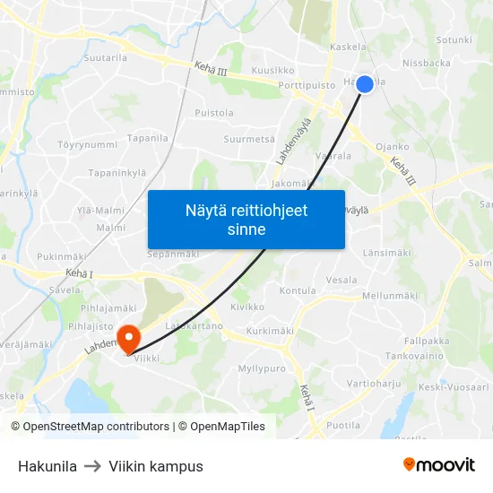 Hakunila to Viikin kampus map