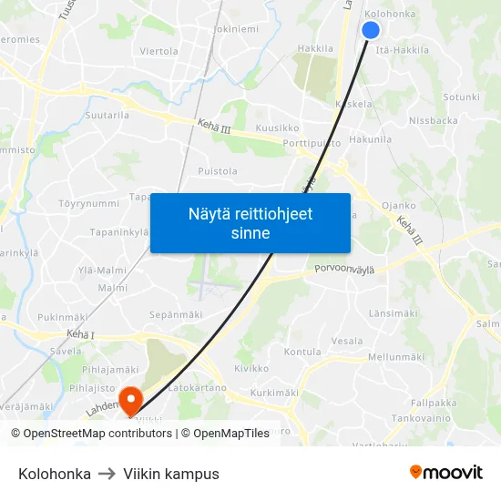 Kolohonka to Viikin kampus map