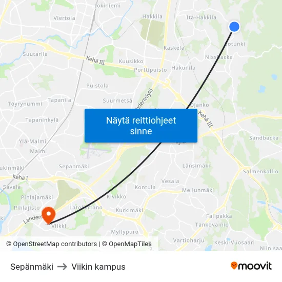 Sepänmäki to Viikin kampus map