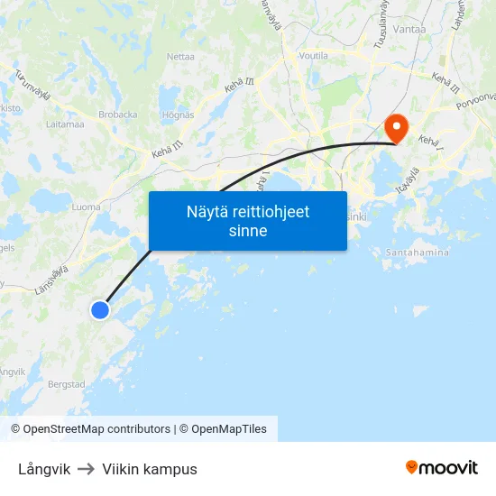 Långvik to Viikin kampus map