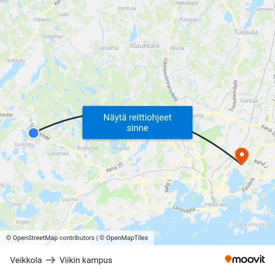 Veikkola to Viikin kampus map